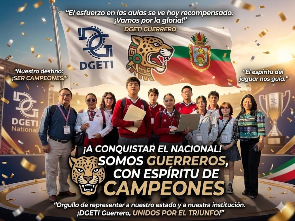 DGETI Guerrero — comunidad educativa con espíritu de campeones, sosteniendo la bandera institucional y el escudo del estado de Guerrero.